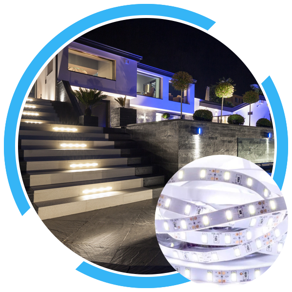 exterior staircase with cool white LED strip lights