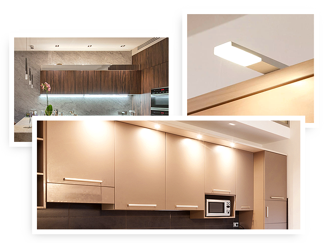 collage of a kitchen with various types of under cabinet lights
